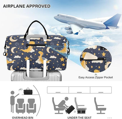 Weekender Bags Travel Duffel Gym Bag Dinosaur Stars Moon Carry on Overnight Tote Bag with Toiletry Bag for Airplane Travel Trip Gym Yoga