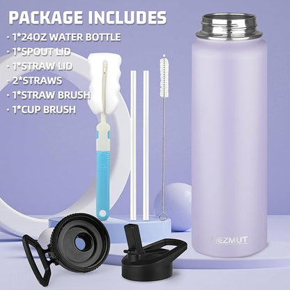 24oz Insulated Water Bottle with Straw&2 Lids, Stainless Steel Water Bottles, Sports Metal Water Bottle Cup, Double Walled Vacuum Insulated Bottles Leak-Proof Travel, Purple