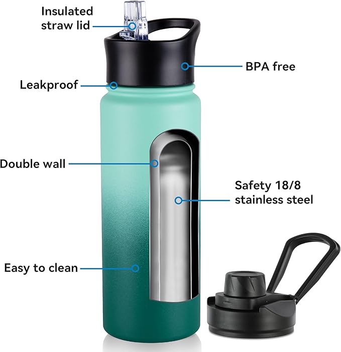 16 oz Insulated Water Bottle with Straw Lids, Stainless Steel Kids Water Bottles for School, Double Wall Vacuum Metal Water Bottle with Straw & Wide Mouth Lid, Gradient Green 8 Pack