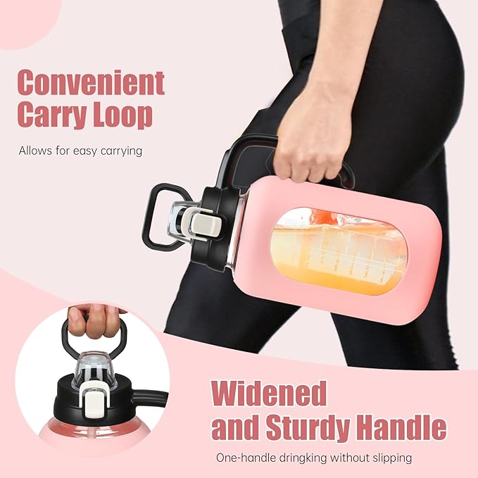 64 oz Glass Water Bottle with Handle and Straw Large 2L Water Bottle with Time Markers and Silicone Sleeve Half Gallon Water Jug BPA Free for Gym Daily Use