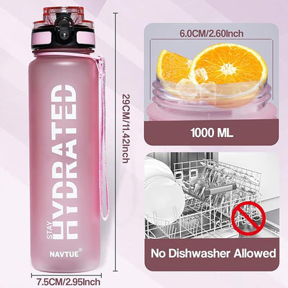 Water Bottle, 32oz Sports Water Bottles with Time Marker Wide Mouth, Motivational and Leakproof Drink Bottle, BPA Free Tritan with Carry Strap for Gym Fitness Outdoor (1 Bottle)