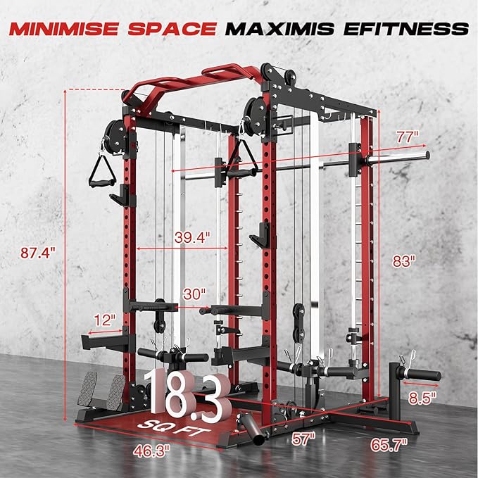 Power Cage Home Gym, Dual Pulley Cable Crossover System, All-in-One Squat Power Rack with Strength Training Attachments for Full-Body Workouts