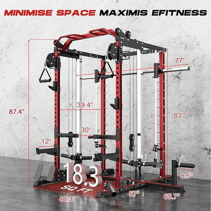 Power Cage Home Gym, Dual Pulley Cable Crossover System, All-in-One Squat Power Rack with Strength Training Attachments for Full-Body Workouts