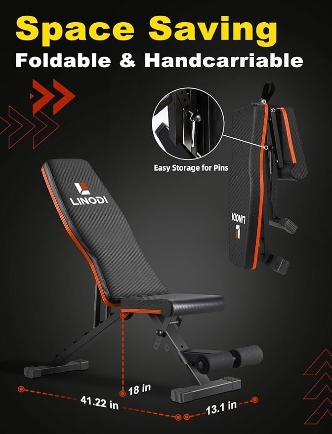 LINODI Adjustable Weight Bench for Home Gym，Foldable Incline Decline Flat Workout Bench for Full Body Strength Training, Dumbbell Press & Ab Exercises
