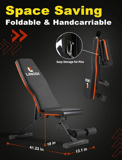 LINODI Adjustable Weight Bench for Home Gym，Foldable Incline Decline Flat Workout Bench for Full Body Strength Training, Dumbbell Press & Ab Exercises