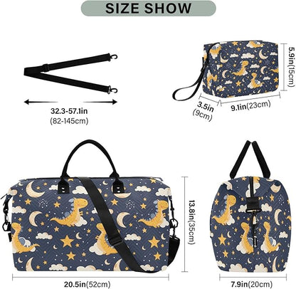 Weekender Bags Travel Duffel Gym Bag Dinosaur Stars Moon Carry on Overnight Tote Bag with Toiletry Bag for Airplane Travel Trip Gym Yoga