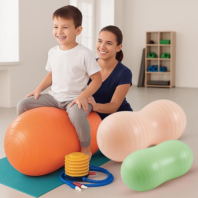 Jexine Peanut Ball for Kids Therapy - 3-Piece Anti-Burst Set, Yoga Balance Exercise Ball for Pregnancy & Home Gym, Includes 1 Pump & 3 Size Options