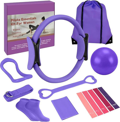 SAN LIKE Home Pilates Essentials Kit for Women, Pilates Equipment Ring and Ball Set, 12'' Magic Circle, Yoga Ball,8 Resistance Bands Premium Accessories Kits for Starter Toning Workouts at Home