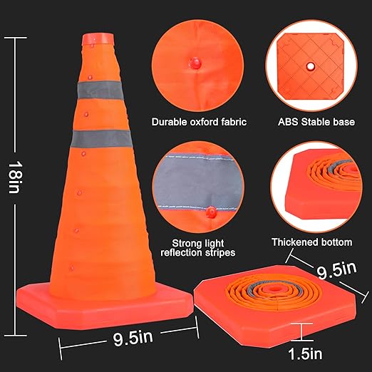 TENKAIWICK 18 Inch 3 Pack Traffic Cones, Collapsible Safety Cones, Multi Purpose Pop-up Cones with Reflective Collar, Orange Cones for Parking lot, Driveway, Driving Training etc