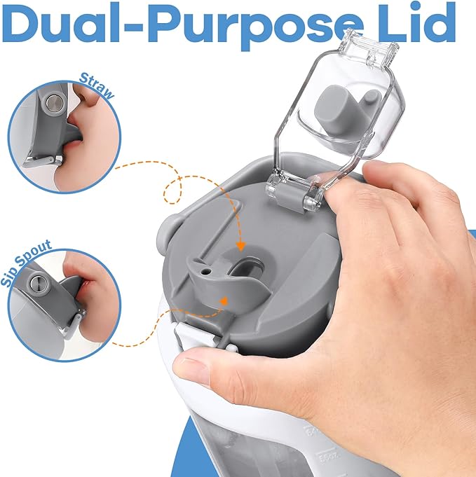 72oz Glass Water Bolttles, 3-in-1 Straw and Sip Spout Handle Lid, Half Gallon Water Bottle with Time Marker and Silicone Sleeve, BPA-Free Sports Water Bottle for Gym, School, White