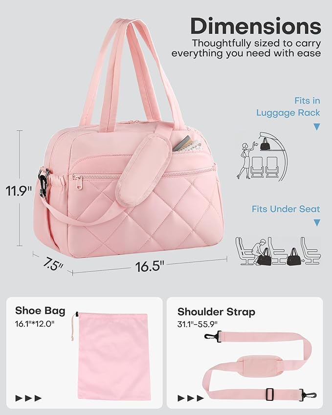 HOTOR Gym Bag for Women - Lightweight Travel Duffle Bags with Wet Pocket & Separate Shoe Bag, Multi-Pocket Carry on Weekender Duffel for Sports, Fitness, Overnight Trip, Pink, 16.5" x 7.5" x 11.9"