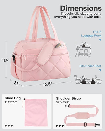 HOTOR Gym Bag for Women - Lightweight Travel Duffle Bags with Wet Pocket & Separate Shoe Bag, Multi-Pocket Carry on Weekender Duffel for Sports, Fitness, Overnight Trip, Pink, 16.5" x 7.5" x 11.9"