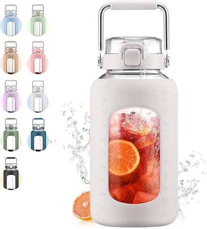 84oz Glass Water Bottle with Stainless Steel Handle,2.5L Gallon Water Bottle with 2-IN-1 Straw Lid, Silicone Sleeve and Motivational Capacity Marker, Wide Mouth Water Jug For Gym, Workout, White