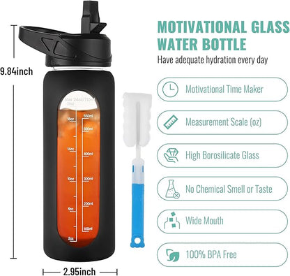 CIVAGO 24 oz Glass Water Bottle with Straw and Handle, Large Sports Motivational Water Bottle Flask with Time Marker and 2 Lids, Leakproof Jug Canteen with Silicone Sleeve for Gym, Sage