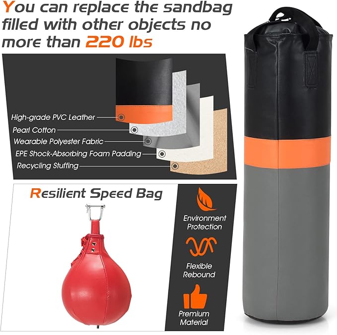 Goplus Punching Bag with Stand for Adults, Free-Standing Heavy Bag Stand with Height Adjustable Speed Bag for Boxing, Sandbag Rack Bracket Station for Home Gym Workout Fitness, Holds up to 220LBS