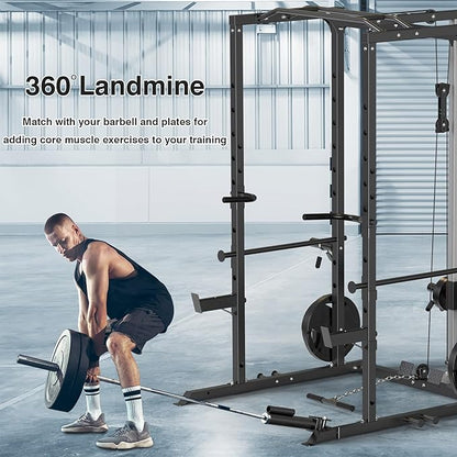Power Cage, Multi-Functional Power Rack with J-Hooks, Dip Handles, Landmine Attachment and Optional Cable Pulley System for Home Gym
