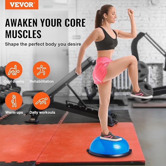 VEVOR Half Exercise Ball Trainer, 23/26 inch Balance Ball Trainer, 1500lbs Capacity Stability Ball, Yoga Ball with Resistance Bands & Foot Pump, Strength Fitness Ball for Home Gym Full Body Workout