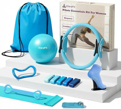 Home Pilates Ring and Ball Set for Women with 5 Resistance Bands 13 inch Magic Circle Workout Starter Kit for Beginners Full Body Toning 15 Min Daily Routine