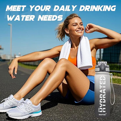 Water Bottle with Carrier Bag, 32 oz Sports Water Bottles with Time Marker Wide Mouth, Motivational and Leakproof Drink Bottle, BPA Free Tritan with Carry Strap for Gym Fitness Outdoor