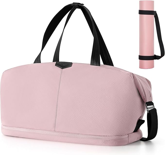 Timeet Expandable Gym Duffel Bag For Women with Yoga Mat Strap, 47L Sports Duffle Bag With Shoes Compartment&Dry Wet Pocket, Water Resistant Carry on Sports Weekend Travel Overnight Bag, Dusty Pink