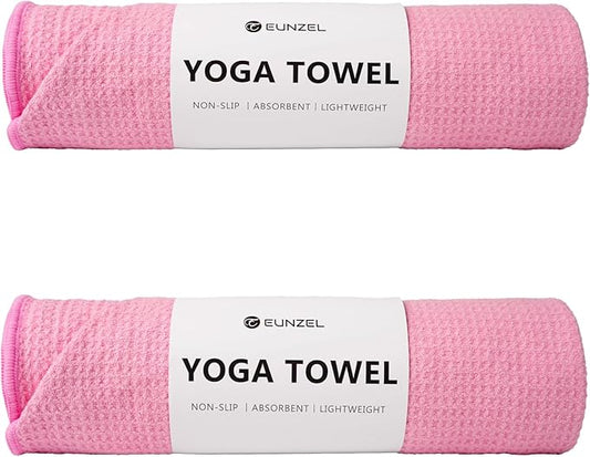 Eunzel 2 Pack Hot Yoga Towel, Non-Slip Yoga Mat Towel with Grip Dots Stickyfiber Sweat Absorbent Towel for Hot Yoga, Pilates and Workout 72" x 24", Pink