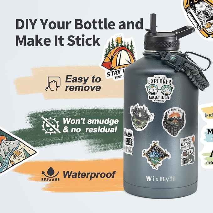 One Gallon Water Bottle Insulated, Triple Wall Vacuum Cold for 48 Hrs & Leak-proof & Non-BPA, 128oz Large Sports Stainless Steel Water Jug with Paracord Handle Straw Spout Lids & DIY Stickers