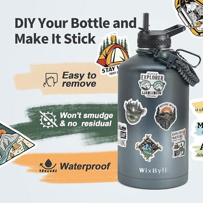 One Gallon Water Bottle Insulated, Triple Wall Vacuum Cold for 48 Hrs & Leak-proof & Non-BPA, 128oz Large Sports Stainless Steel Water Jug with Paracord Handle Straw Spout Lids & DIY Stickers