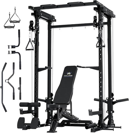 MAJOR FITNESS Drone3 Power Rack, 2500lbs Multi-Function Home Gym Squat Rack with Dual Pulley System, Pull-Up Bar & J-Hooks, Heavy-Duty Steel Frame for Maximum Stability & Strength Training