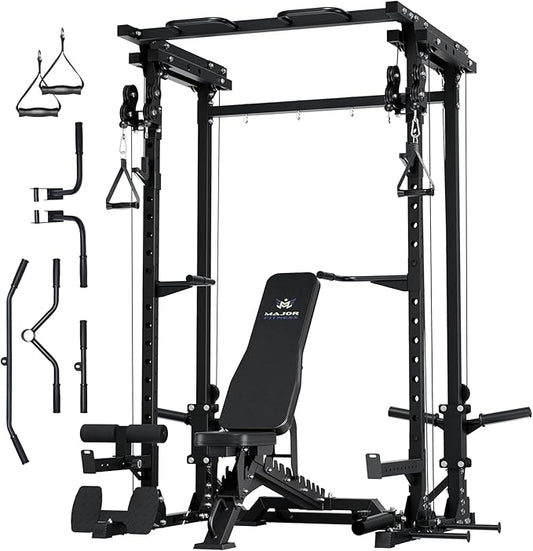 MAJOR FITNESS Drone3 Power Rack, 2500lbs Multi-Function Home Gym Squat Rack with Dual Pulley System, Pull-Up Bar & J-Hooks, Heavy-Duty Steel Frame for Maximum Stability & Strength Training