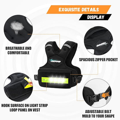 Adjustable Weighted Vest for Women Men, 6-15 Lbs/12-18 Lbs Rucking Vest with LED Light Strips, Weight Vest with 6 Ironsand Weights, and Zipper Pocket for Strength Training, Walking, Running