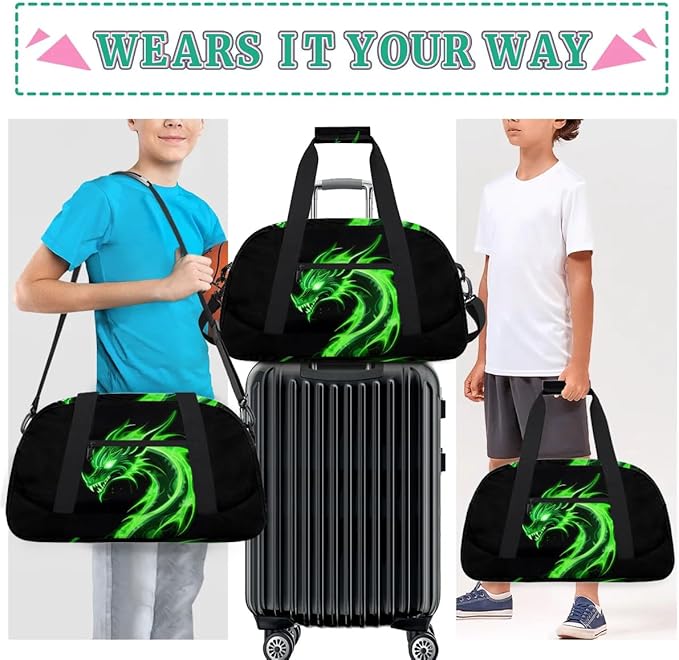 Green Dragon Kids Duffel Bag for Boys, Abstract Animal Sports Gym Bags Overnight Travel Weekender Lightweight Carry On Sleepovers Duffels for School Practice Gymnastics