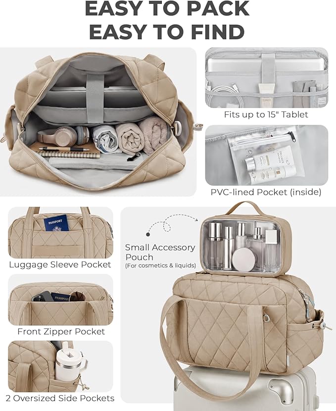 Percover Women Gym Bag with Toiletry Organizer Pouch, Quilted Workout Duffle with Compartments for Daily Fitness & Yoga, Locker-Friendly Soft Carry, Camel Tan