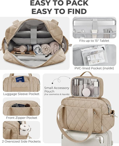 Percover Women Gym Bag with Toiletry Organizer Pouch, Quilted Workout Duffle with Compartments for Daily Fitness & Yoga, Locker-Friendly Soft Carry, Camel Tan