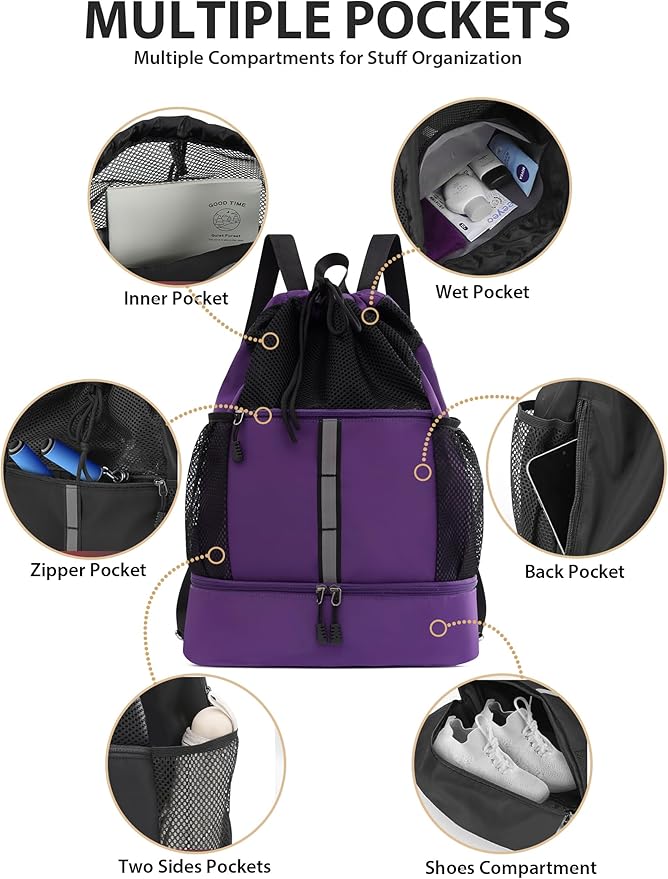 U.helper Waterproof Gym Drawstring Backpack, Sports Sack with Shoes Compartment & Wet Pockets for Ball/Beach/Swim Training