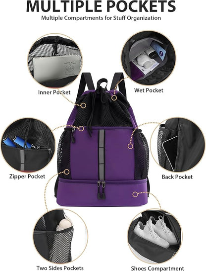 U.helper Waterproof Gym Drawstring Backpack, Sports Sack with Shoes Compartment & Wet Pockets for Ball/Beach/Swim Training