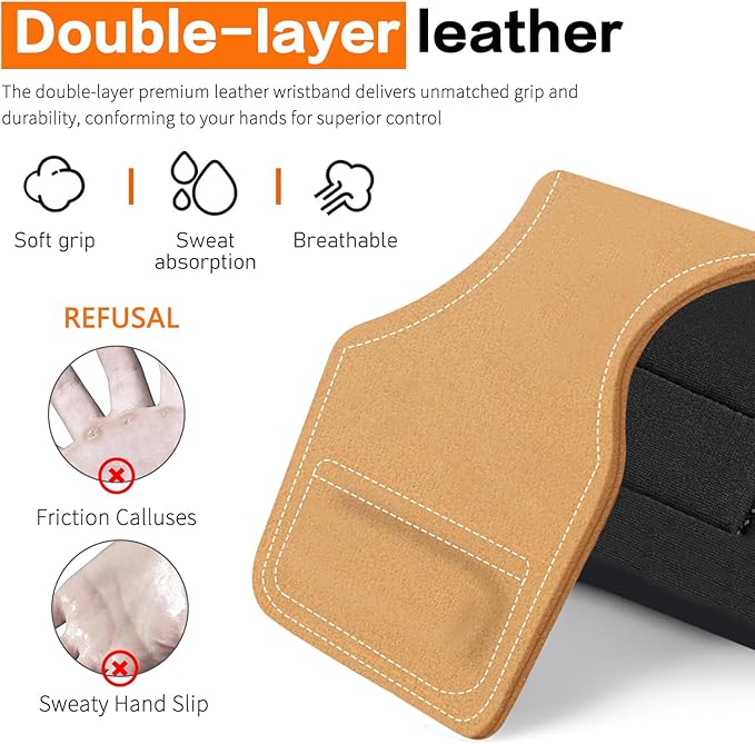 Weight Lifting Wrist Strap, Double-Layer Leather Wrist Straps for Gym Strength Training Weightlifting,Deadlift and Powerlifting, Enhance Grip Strength Neoprene Padding Gym Workout Lifting Straps Men/Women Pair