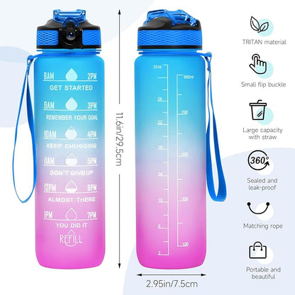 32 oz Water Bottles with Times to Drink and Straw, Motivational Water Bottle with Time Marker, Leakproof & BPA Free, Drinking Sports Water Bottle WIth Hand Strap for Fitness, Gym & Outdoor (blue-1)