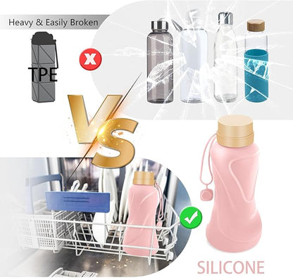 Collapsible Water Bottles,650ml,Leak Proof,Reuseable BPA Free Silicone Foldable Water Bottles,Durable Lightweight for Travel Gym Camping Hiking,Compact Size Portable Sports Water Bottle (Pink)