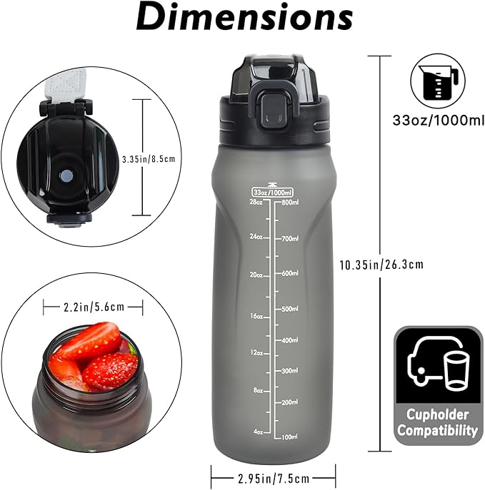 32oz Sports Water Bottle with Detachable Straw (Sip & Chug), Motivational Water Bottle with Capacity Marker, Leakproof Drinking Water Bottle with Strap for Travel Fitness Gym Outdoor (Black)