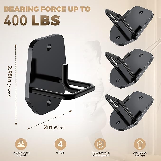 4 Pcs Resistance Band Anchors - Space-Saving Wall Mount Workout Anchors for Exercise Bands - Upgrade Home Gym Wall Hooks for Strength Training, Fitness, Physical Therapy
