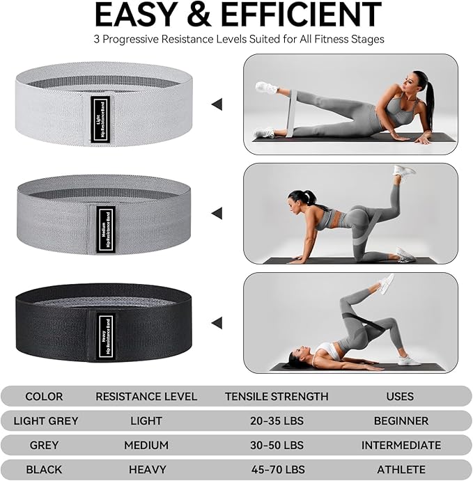 Fabric Resistance Bands for Working Out, 3 Levels Non-Slip Booty Bands for Glutes and Legs, Cloth Exercise Bands Sets with Carry Bag & Workout Guide, Light/Medium/Heavy (Light Grey/Grey/Black)