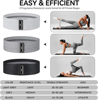 Fabric Resistance Bands for Working Out, 3 Levels Non-Slip Booty Bands for Glutes and Legs, Cloth Exercise Bands Sets with Carry Bag & Workout Guide, Light/Medium/Heavy (Light Grey/Grey/Black)