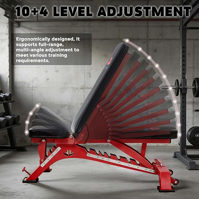Adjustable Weight Bench 1300 lb Capacity, Foldable Workout Bench with 10 Backrest & 3 Seat Positions, Heavy Duty Home Gym Bench for Incline Decline Flat Dumbbell Training