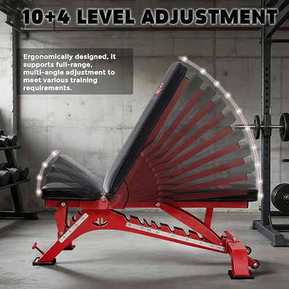 Adjustable Weight Bench 1300 lb Capacity, Foldable Workout Bench with 10 Backrest & 3 Seat Positions, Heavy Duty Home Gym Bench for Incline Decline Flat Dumbbell Training