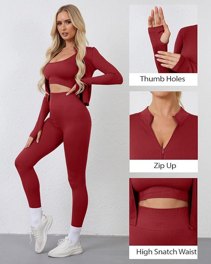 Women 3 Piece Seamless Workout Set Sports Bra High Waisted Gym Yoga Leggings Zip Up Jacket with Thumbhole Activewear