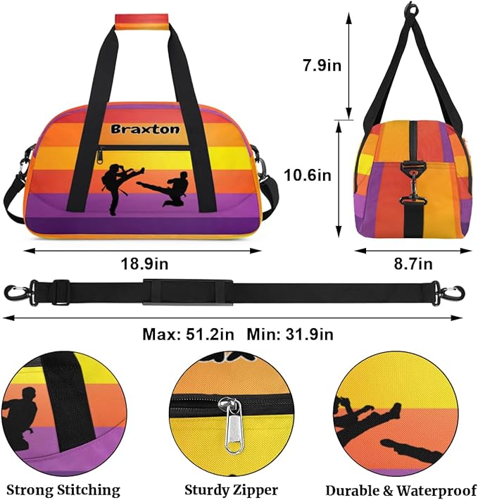 Personalized Sports Duffel Bag with Name Boys, Overnight Workout Training Bags Cheerleaders Bag Personalized Gym Bag Weekender Bags, Martial Arts Silhouette Colorful Stripes