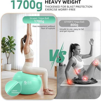 Gruper Yoga Ball, Extra Thick Non Slip Exercise Ball for Workout, Birthing, Balance, Stability, Pregnancy, 4 Sizes Anti Burst Chair for Home and Office, Includes Quick Pump & Fitness Guide