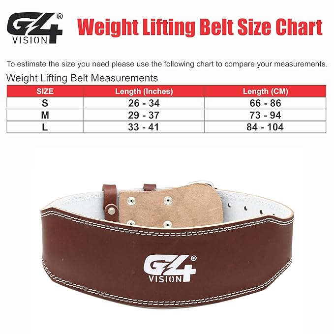 G4 VISION Genuine Leather Adjustable Weightlifting Belt 4 Gym Fitness Bodybuilding Powerlifting Deadlifting Thrusters Back Support Heavy Workout (Medium, Brown)
