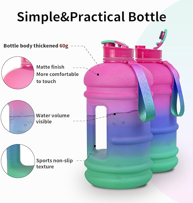 TOOFEEL 2 Liter Water Bottles - Half Gallon Water Bottle BPA Free - Ideal for Gym, Big Water Bottle，Reusable Sports Bottle with Measurements Marked Drink Container- Purple Blue Green Gradient