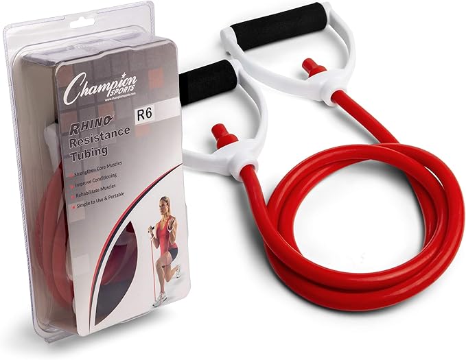 Champion Sports Resistance Tube Bands for Men and Women, Durable Stretch Fitness Band for Strength Training, Stretching, Rehabilitation - Premium Home Workout Equipment - 60 Lbs Resistance Tubing-Red
